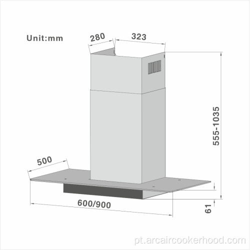 Capuz de panela de vidro curvo 615 60/90cm